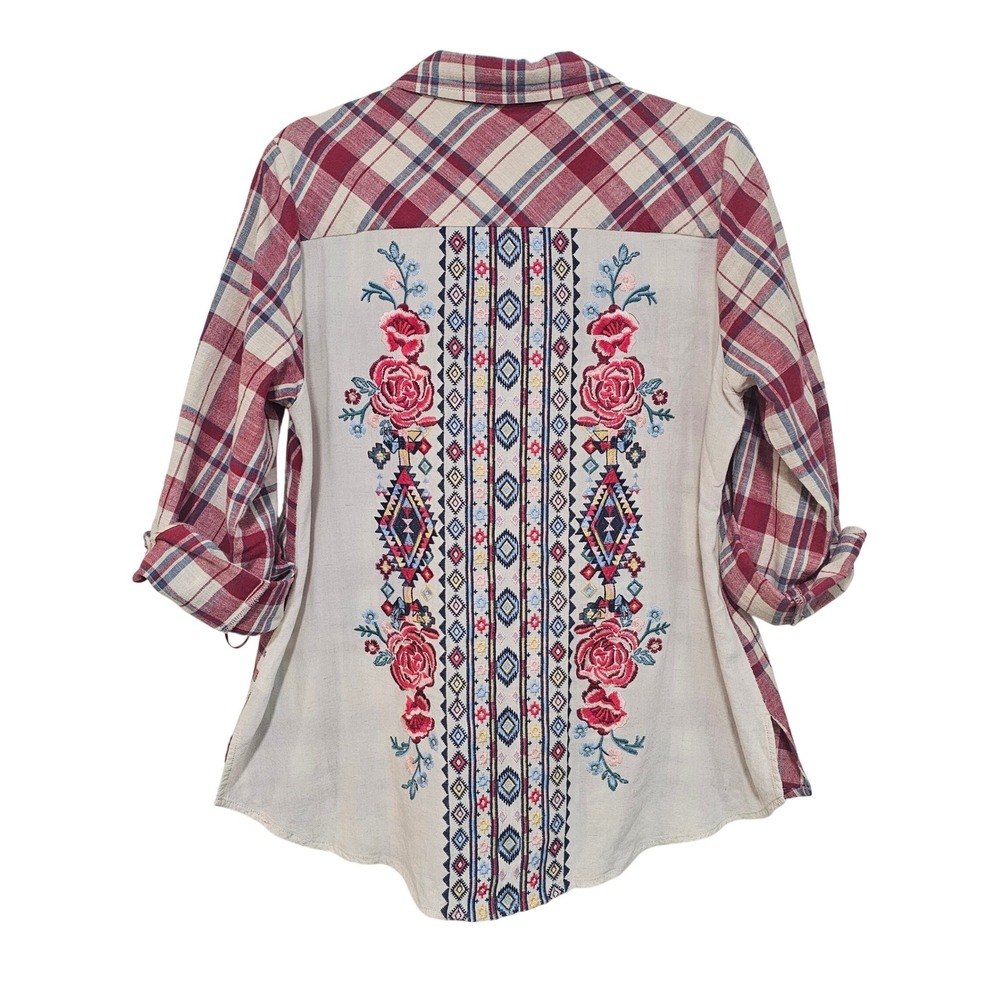 Andree by Unit L Red Plaid Embroidered Button Up Shirt Linen Blend‎ Boho Western